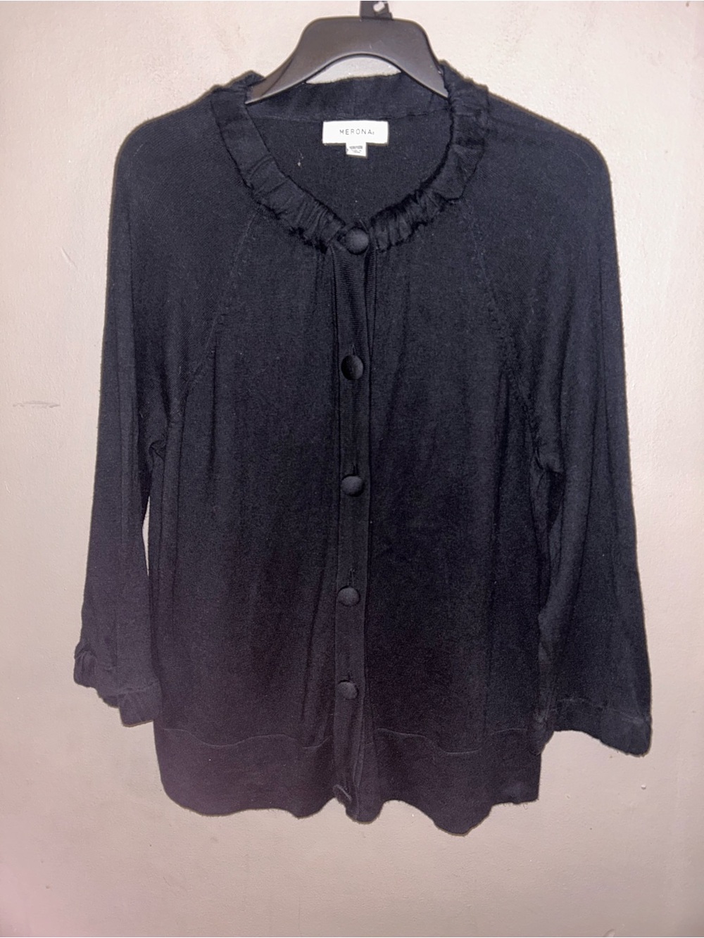 Merona Sweater - black knit cardigan w/ruffle trim